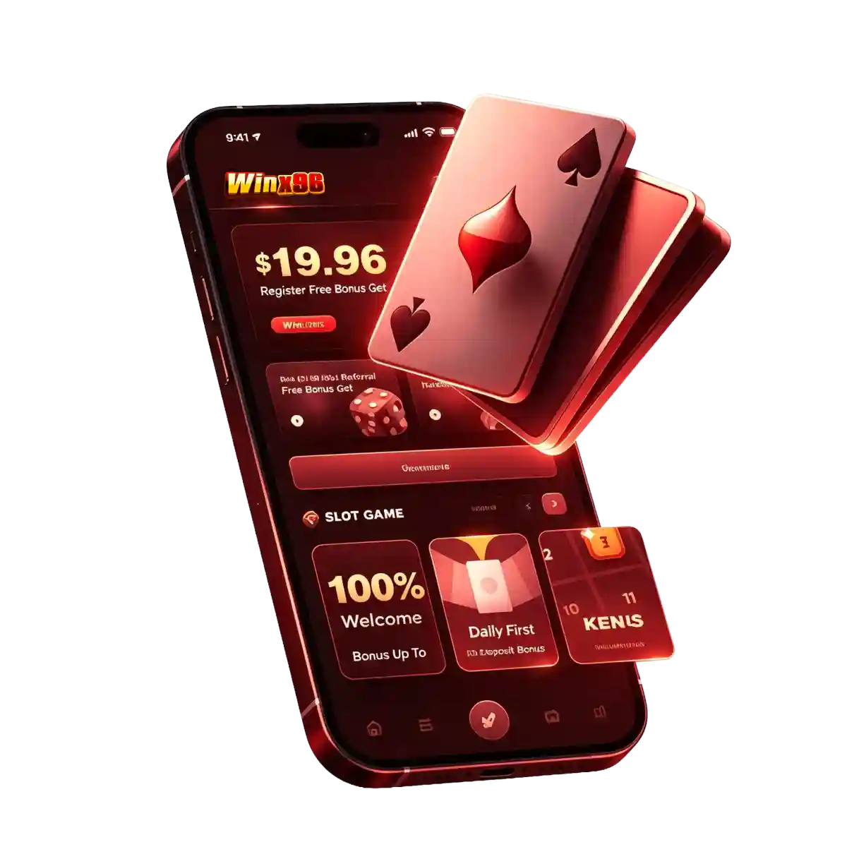 WinX96 app on a smartphone showing a '$19.96 Register Free Bonus' offer and a '100% Welcome Bonus' promotion, beside fanned playing cards and a die, on a white background