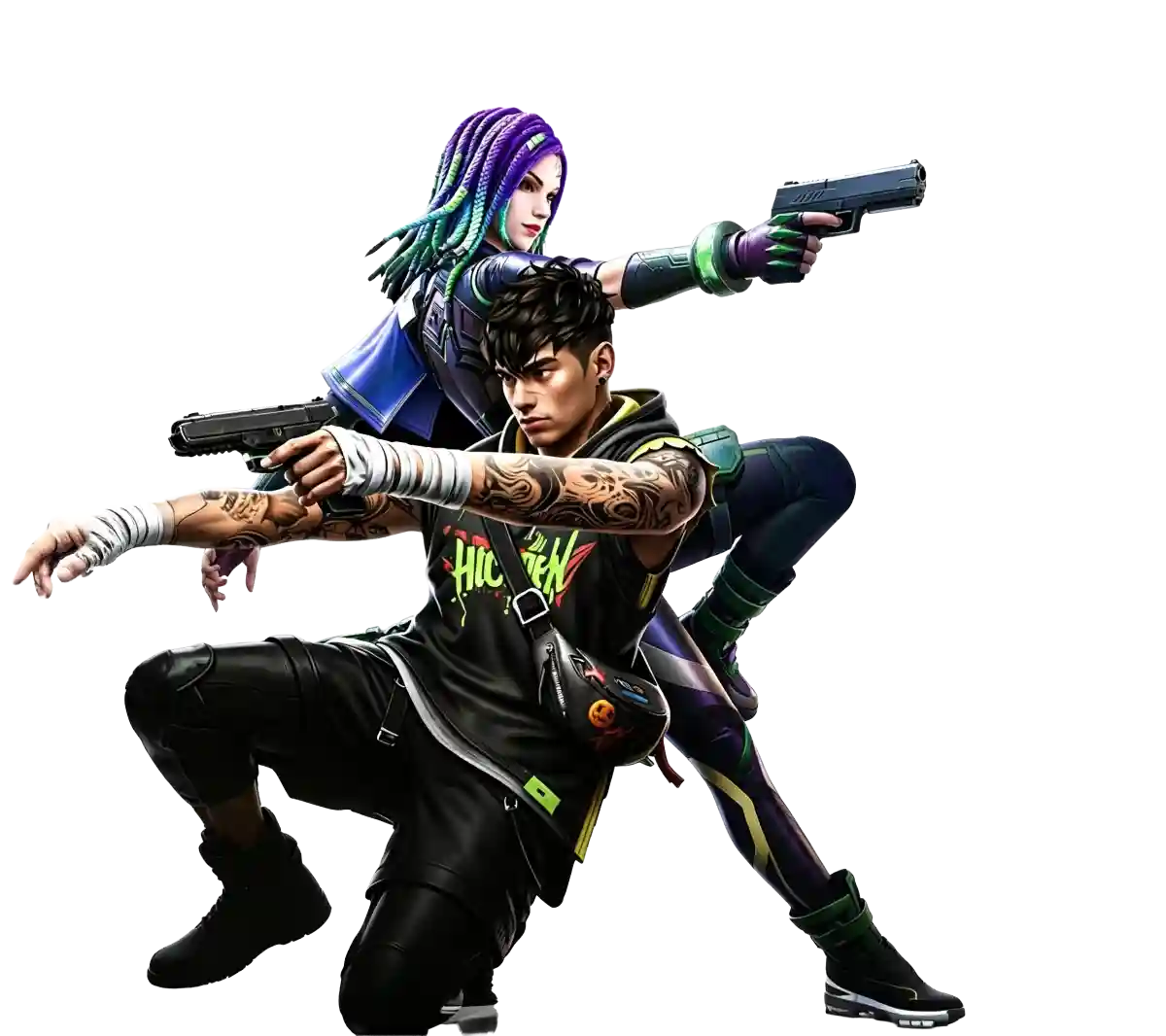 Two characters in a crouched, gun-drawn pose — a woman with purple and green dreadlocks and a man with tattooed arms in a graphic tank top — both holding handguns, on a white background