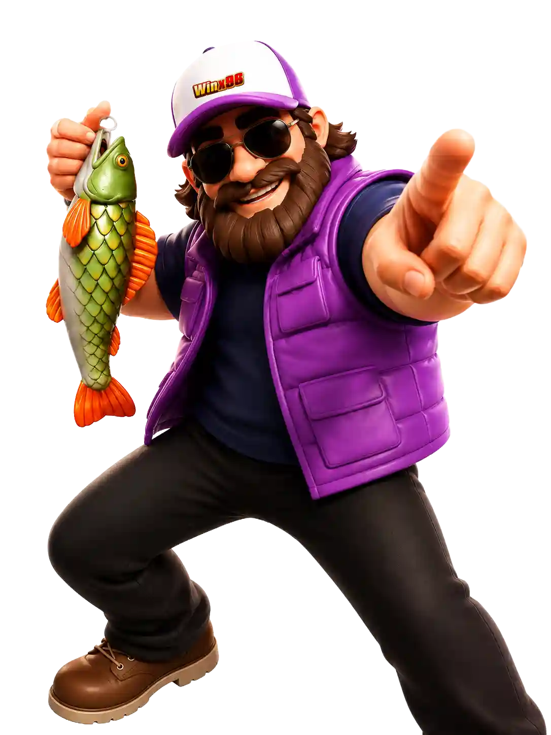 WinX96 mascot in sunglasses and a purple vest, wearing a cap with the WinX96 logo, holding up a fish and pointing forward, on a white background