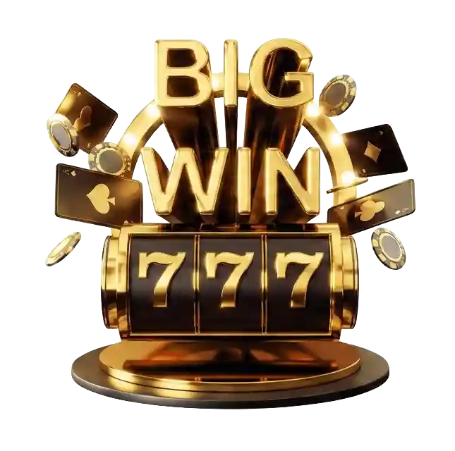 Gold 3D 'BIG WIN' text arched over a slot machine reel showing triple sevens, surrounded by black and gold playing cards and poker chips, on a white background