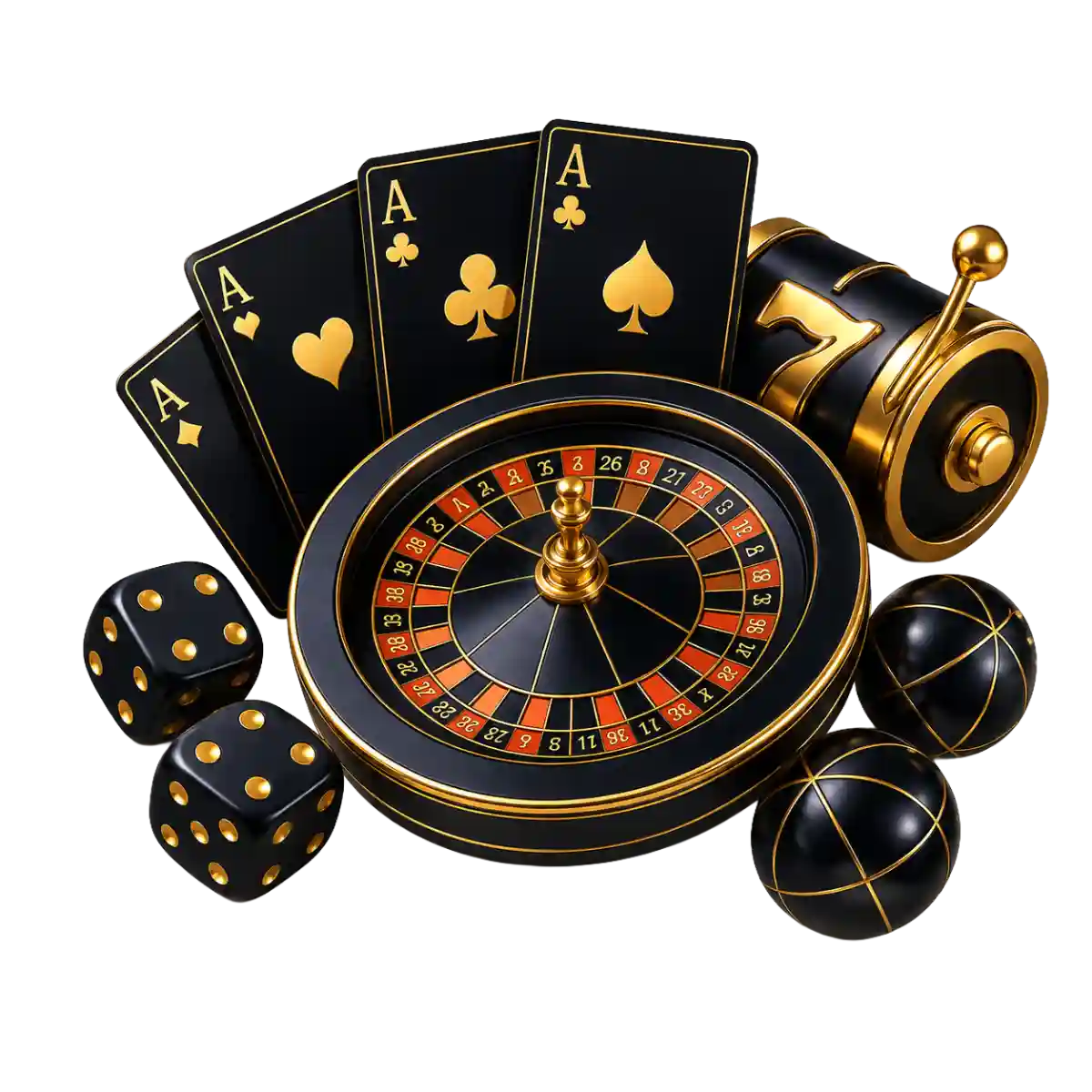 Black and gold roulette wheel surrounded by four ace playing cards, two dice, a slot reel showing '7', and billiard balls, on a white background