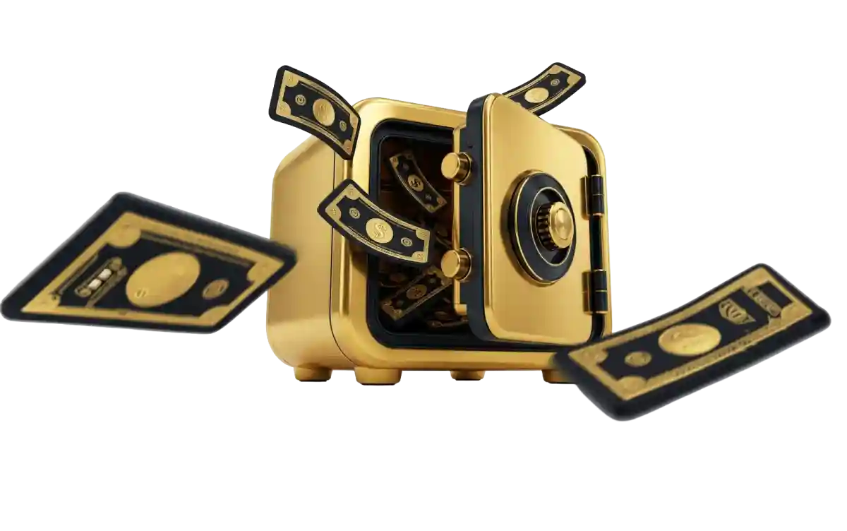 Open gold and black safe with a combination dial, with black and gold banknotes flying out, on a white background