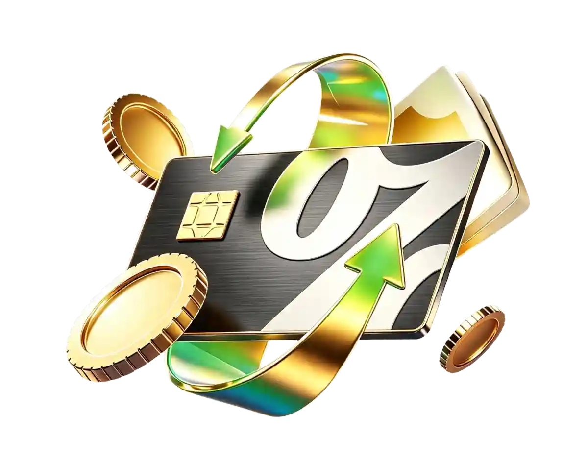 Black credit card with a gold chip and a large stylized cash symbol, encircled by gold and green transfer arrows and gold coins, with a phone visible behind it, on a white background