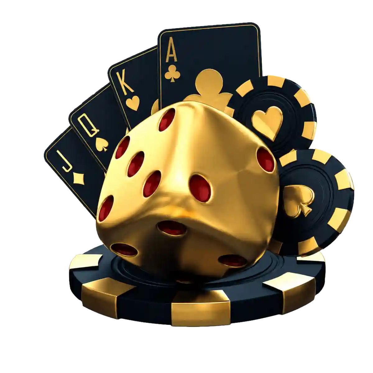 Gold die with red dots resting on black and gold poker chips, with fanned Jack, Queen, King, and Ace playing cards behind it, on a white background