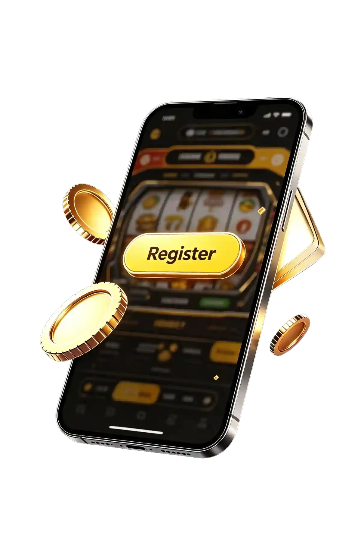 Smartphone displaying a slot machine game screen with a large 'Register' button, surrounded by floating gold coins, on a white background