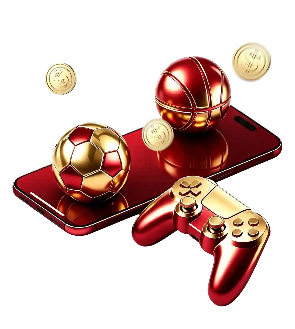 Red and gold soccer ball, basketball, and game controller resting on a smartphone, with floating gold dollar coins, on a white background