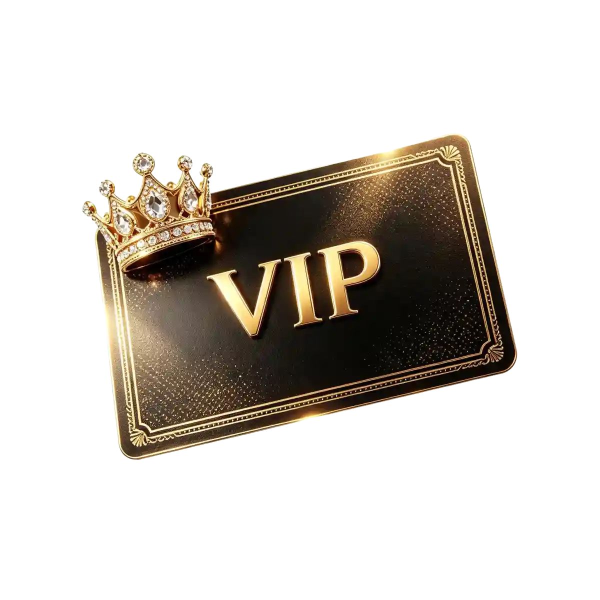 Black and gold VIP membership card with an ornate gold border, topped with a jeweled gold crown, on a white background