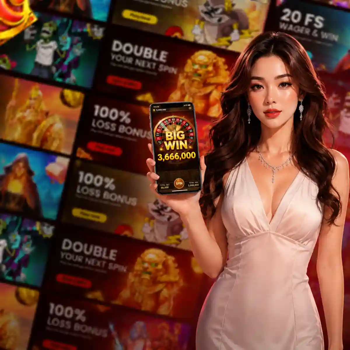 Woman in a satin dress holding up a smartphone displaying a slot game win screen reading 'BIG WIN 3,666,000,' in front of a collage of slot game thumbnails and promotional banners reading '100% Loss Bonus,' 'Double Your Next Spin,' and '20 FS Wager & Win'