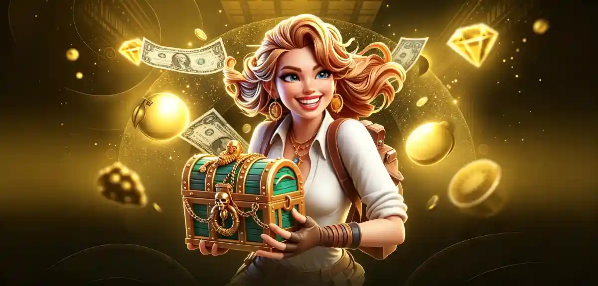 Woman with a backpack holding a small treasure chest, surrounded by floating dollar bills, gold coins, gems, and a die, against a glowing gold background