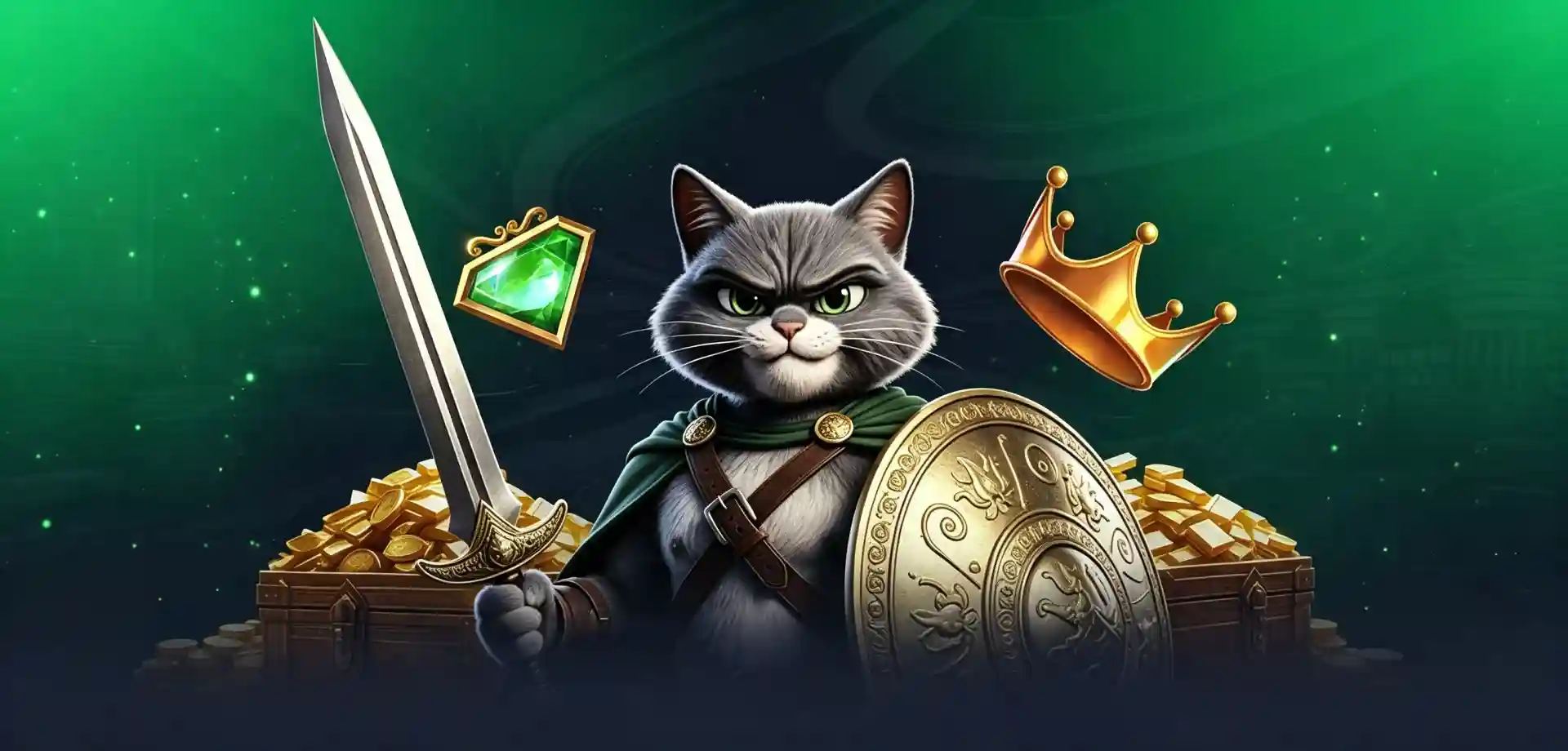 Gray cat in medieval armor holding a sword and shield, wearing a crown, standing beside a treasure chest of gold, on a dark green background