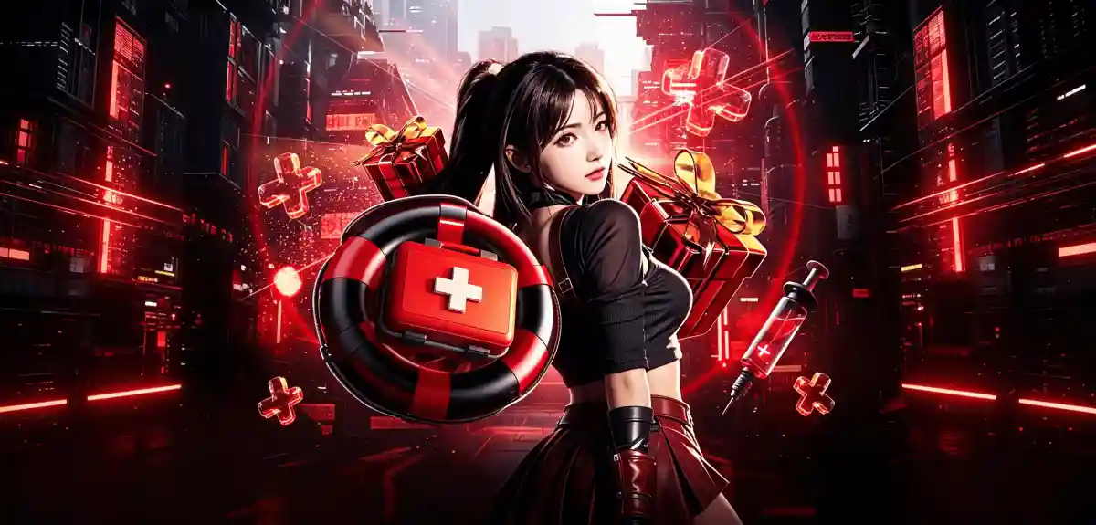 Woman with a ponytail holding a gift box and a red medical first-aid ring, surrounded by floating medical cross symbols and a syringe, in a neon-lit cyberpunk city at night