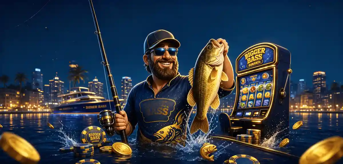 Man in a 'Bigger Bass' shirt and cap holding up a golden fish beside a slot machine labeled 'Bigger Bass Bonanza,' with a yacht also branded 'Bigger Bass' on a night-time city waterfront, surrounded by branded poker chips and gold coins
