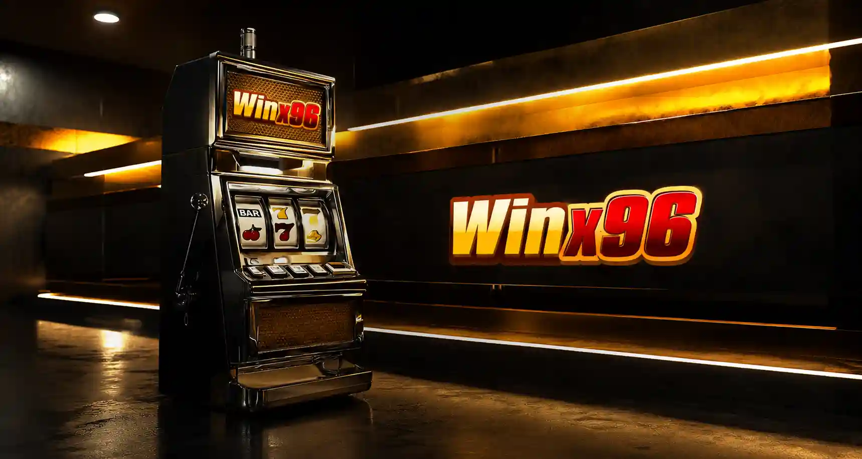 A vintage-style slot machine with a lever and BAR/seven symbols, displaying the WinX96 logo, standing beside a large WinX96 logo on a gold-trimmed wall