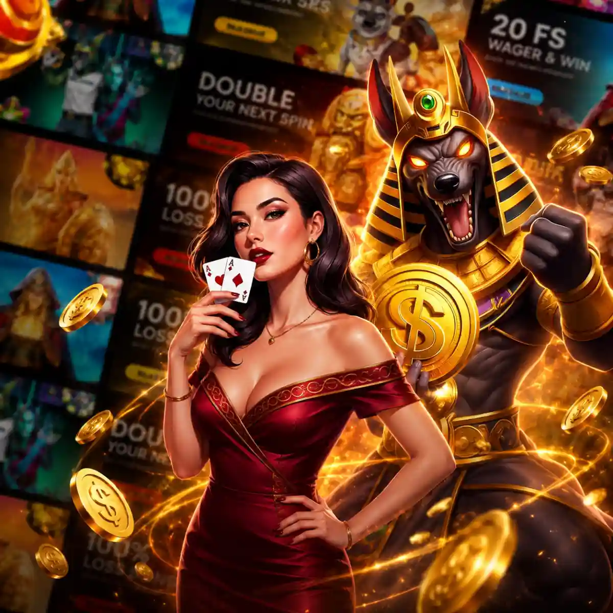 Woman in a red dress holding two ace playing cards beside a muscular Anubis-like jackal-headed figure holding a gold dollar coin, in front of a collage of slot game thumbnails and promotional banners reading 'Double Your Next Spin' and '100% Loss,' with g