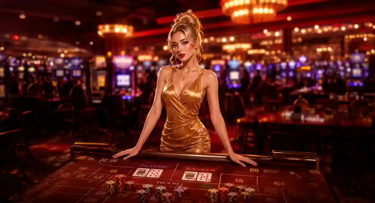 Woman in a gold satin dress standing at a baccarat table marked 'Player' and 'Banker' with cards and poker chips laid out, inside a busy casino floor with slot machines in the background