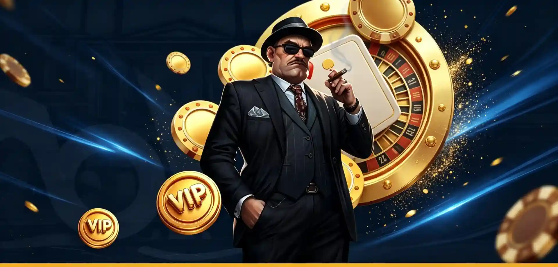 Man in a pinstripe suit, fedora, and sunglasses holding a cigar and a playing card, in front of a large roulette wheel, with 'VIP' branded gold coins and casino chips on a dark blue background