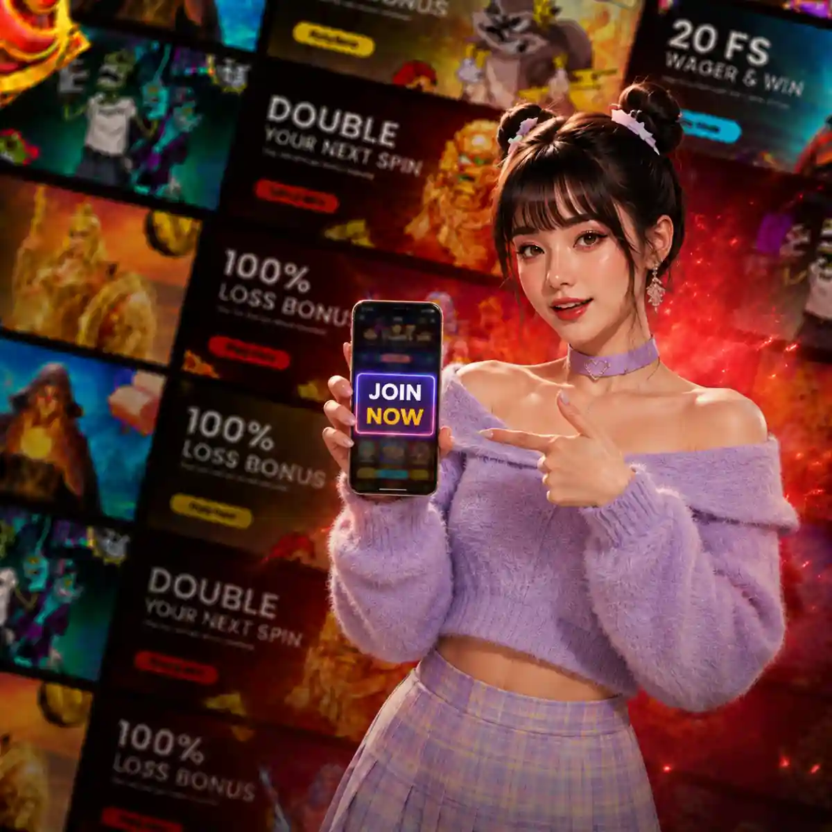 Woman with space buns pointing at a smartphone displaying 'JOIN NOW,' in front of a collage of slot game thumbnails and promotional banners reading '100% Loss Bonus,' 'Double Your Next Spin,' and '20 FS Wager & Win'