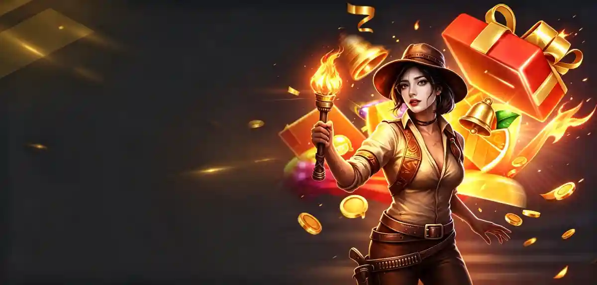 Woman in an explorer outfit and fedora holding a lit torch, beside a red gift box, gold bell, and scattered coins and gems on a dark background