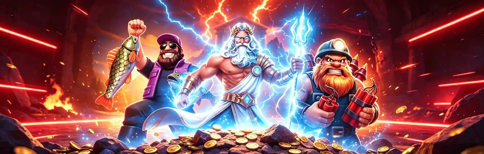Three slot-game style characters — a fisherman holding a fish, a Greek god wielding a lightning-charged trident, and a bearded miner holding dynamite — standing over a pile of gold coins with lightning and fire effects in a rocky cavern