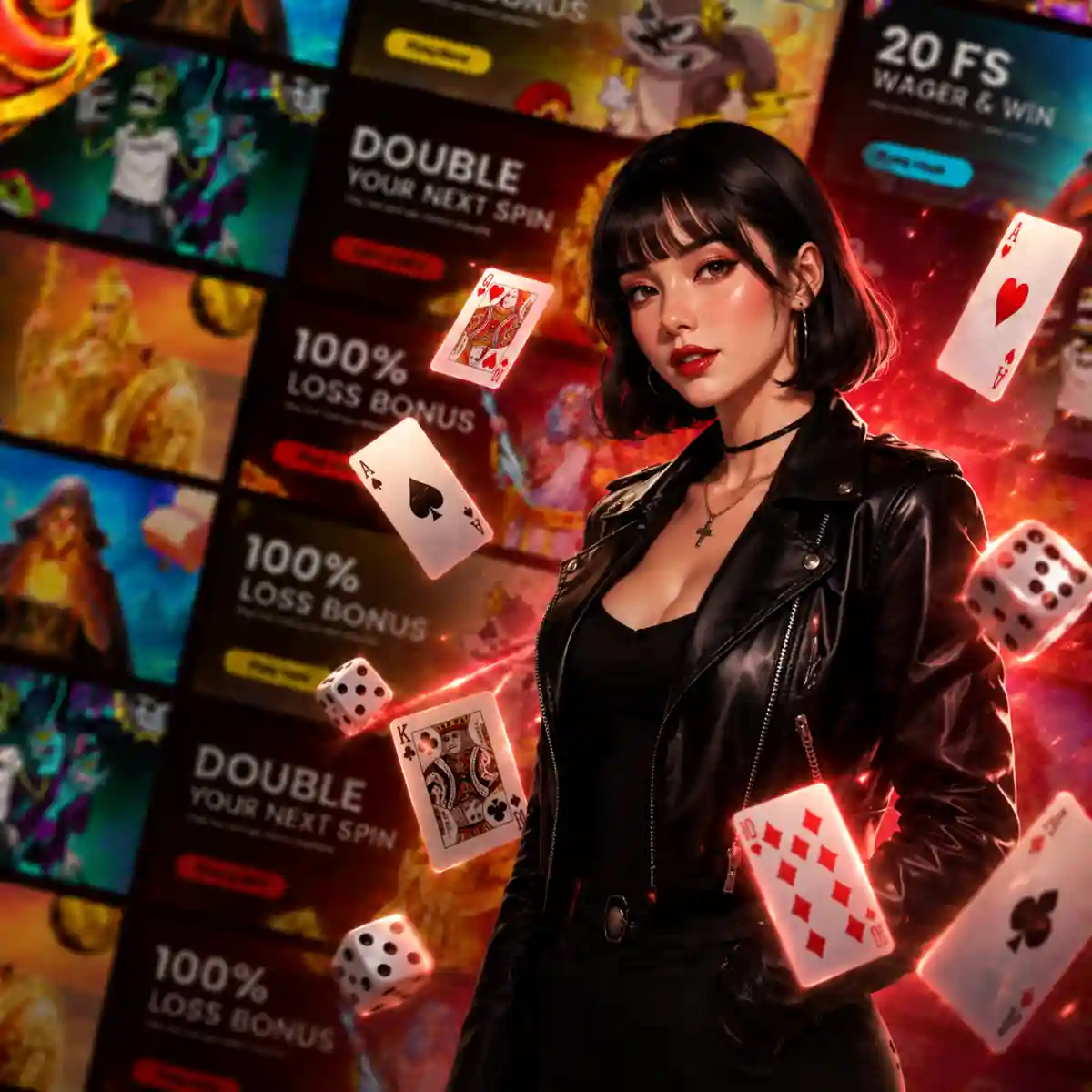 Woman in a black leather jacket standing amid floating playing cards and dice, in front of a collage of slot game thumbnails and promotional banners reading '100% Loss Bonus,' 'Double Your Next Spin,' and '20 FS Wager & Win'