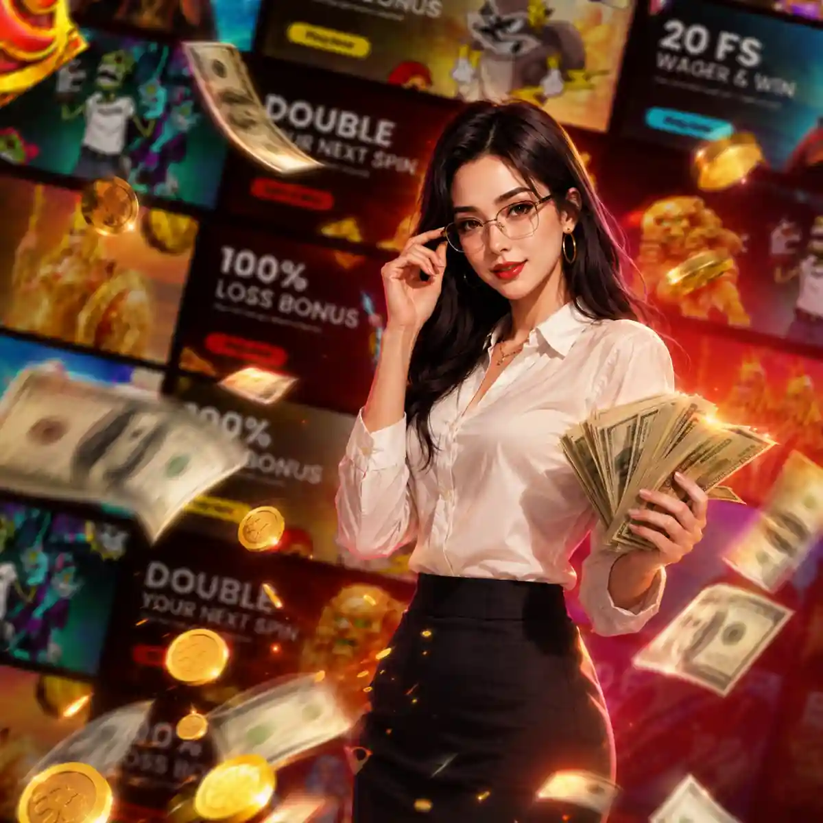 Woman in a white blouse and glasses holding a fan of cash, with floating gold coins and dollar bills, in front of a collage of slot game thumbnails and promotional banners reading '100% Loss Bonus,' 'Double Your Next Spin,' and '20 FS Wager & Win'