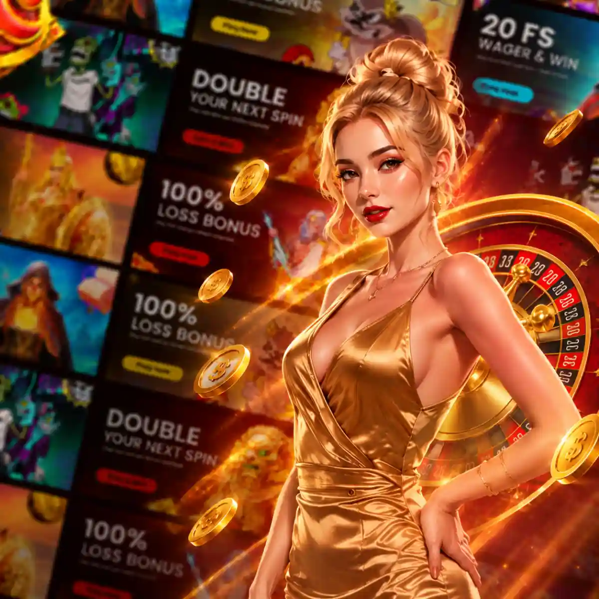 Woman in a gold satin dress standing beside a roulette wheel with falling gold dollar coins, in front of a collage of slot game thumbnails and promotional banners reading '100% Loss Bonus,' 'Double Your Next Spin,' and '20 FS Wager & Win'