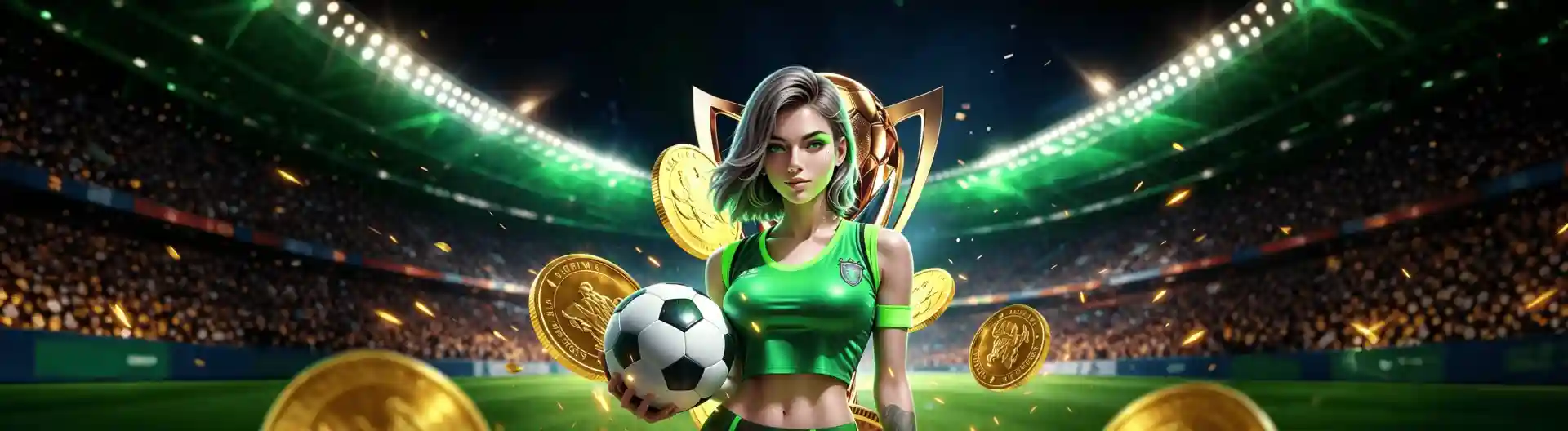 Woman in a green sports uniform holding a soccer ball in front of a gold trophy, standing in a floodlit stadium filled with spectators, surrounded by floating gold coins