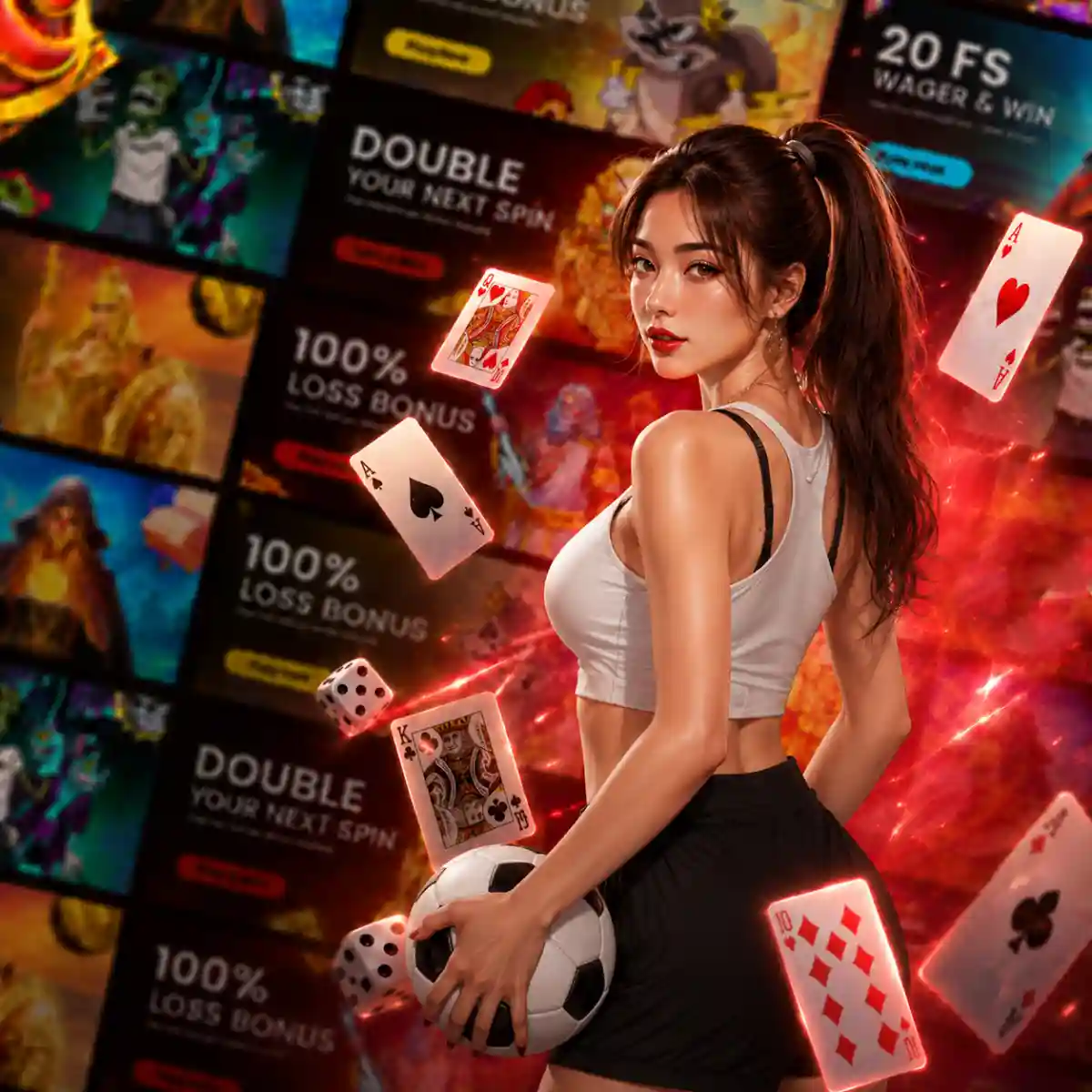 Woman in athletic wear holding a soccer ball, surrounded by floating playing cards and dice, in front of a collage of slot game thumbnails and promotional banners reading '100% Loss Bonus,' 'Double Your Next Spin,' and '20 FS Wager & Win'