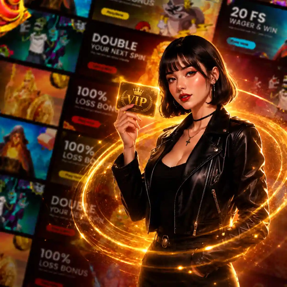 "Woman in a black leather jacket holding up a gold VIP membership card, standing in front of glowing gold light rings and a collage of slot game thumbnails and promotional banners reading '100% Loss Bonus,' 'Double Your Next Spin,' and '20 FS Wager & Win'